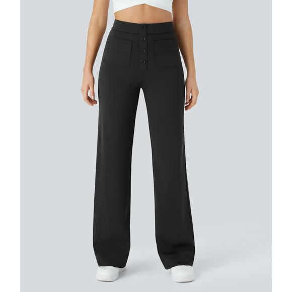 Halara High Waisted Pull On Retro Button Breathable Casual Pants Black L Petite - Picture 5 of 7